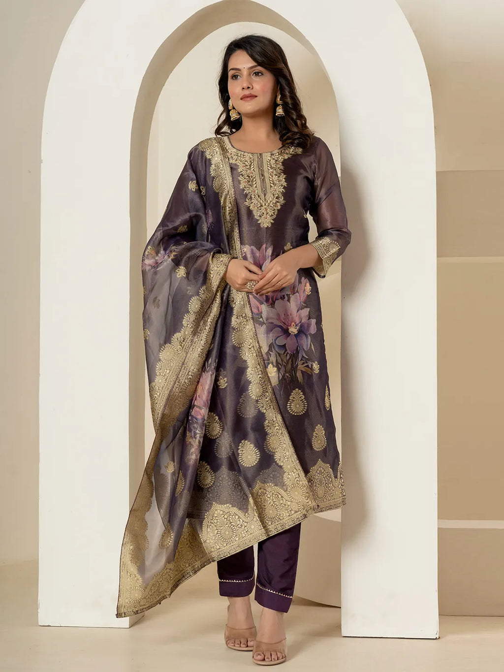 Yufta Purple Tissue Kurta Dupatta Pant Set | Grocsy
