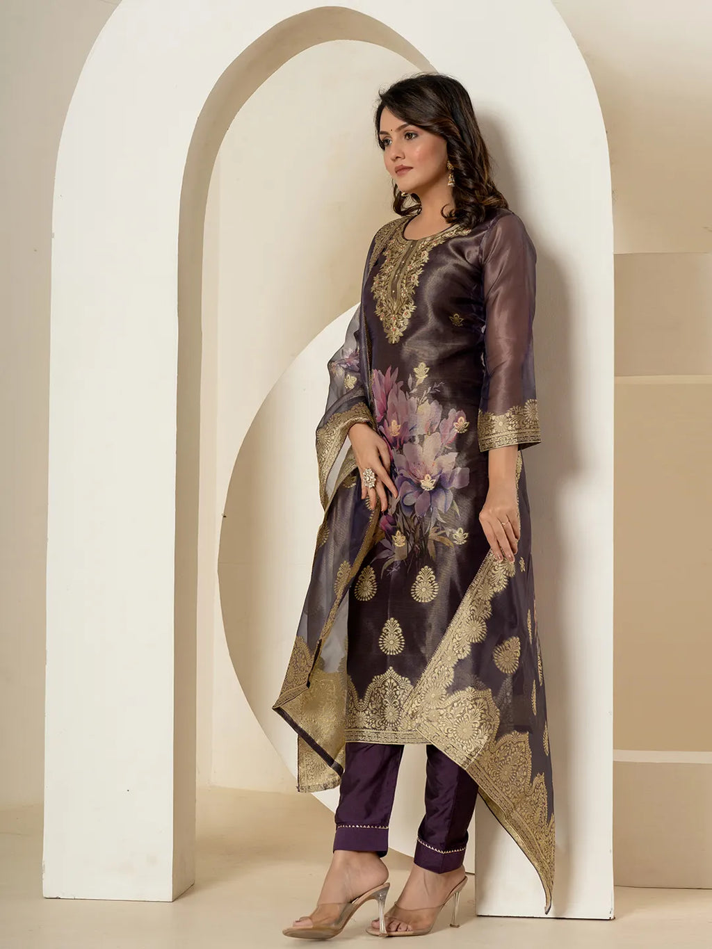 Yufta Purple Tissue Kurta Dupatta Pant Set | Grocsy