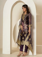 Yufta Purple Tissue Kurta Dupatta Pant Set | Grocsy