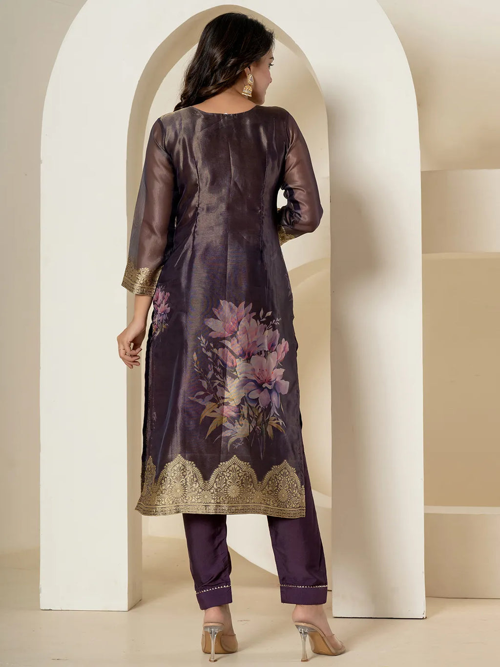 Yufta Purple Tissue Kurta Dupatta Pant Set | Grocsy