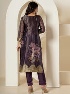 Yufta Purple Tissue Kurta Dupatta Pant Set | Grocsy