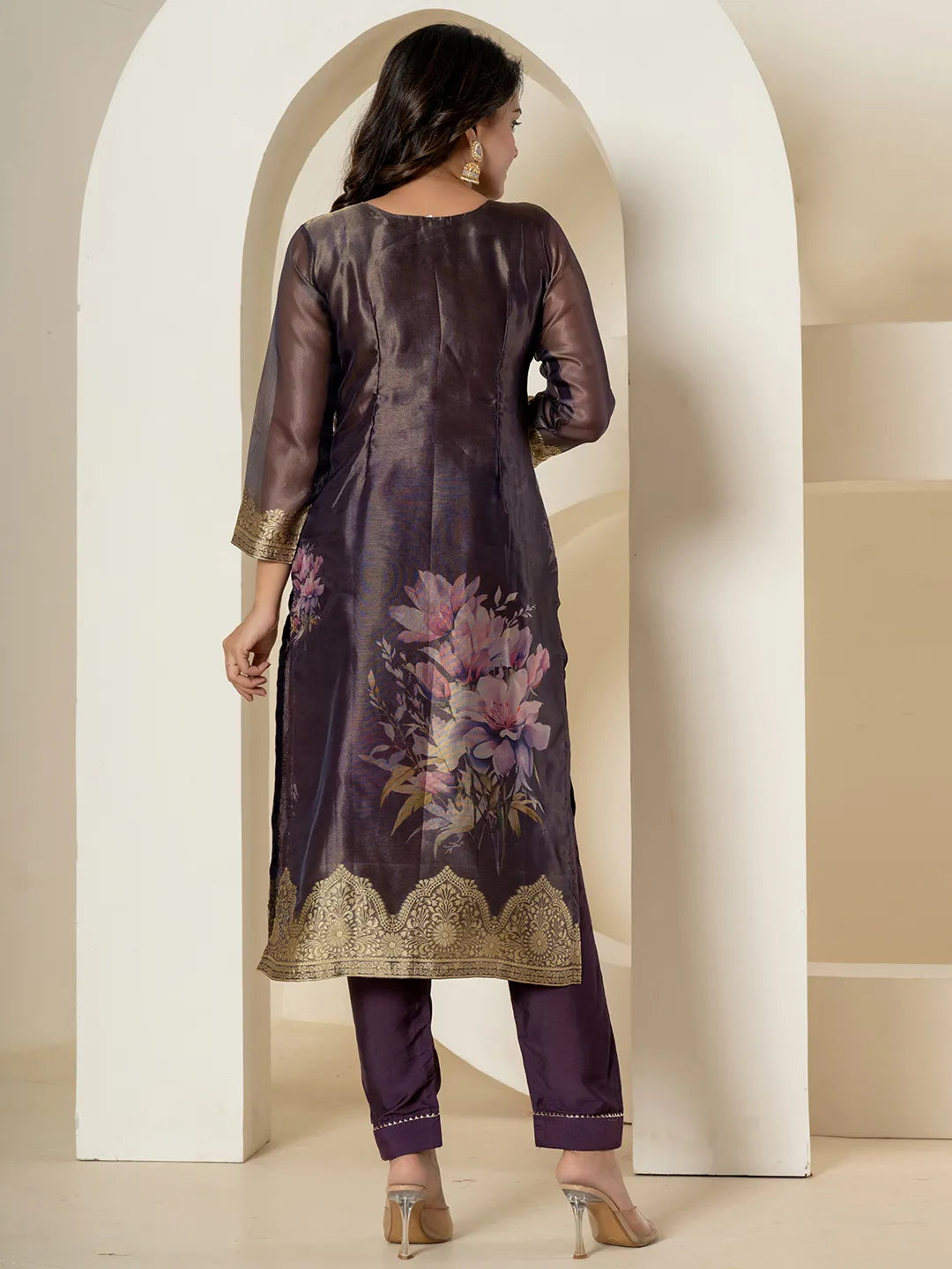 Yufta Purple Tissue Kurta Dupatta Pant Set | Grocsy