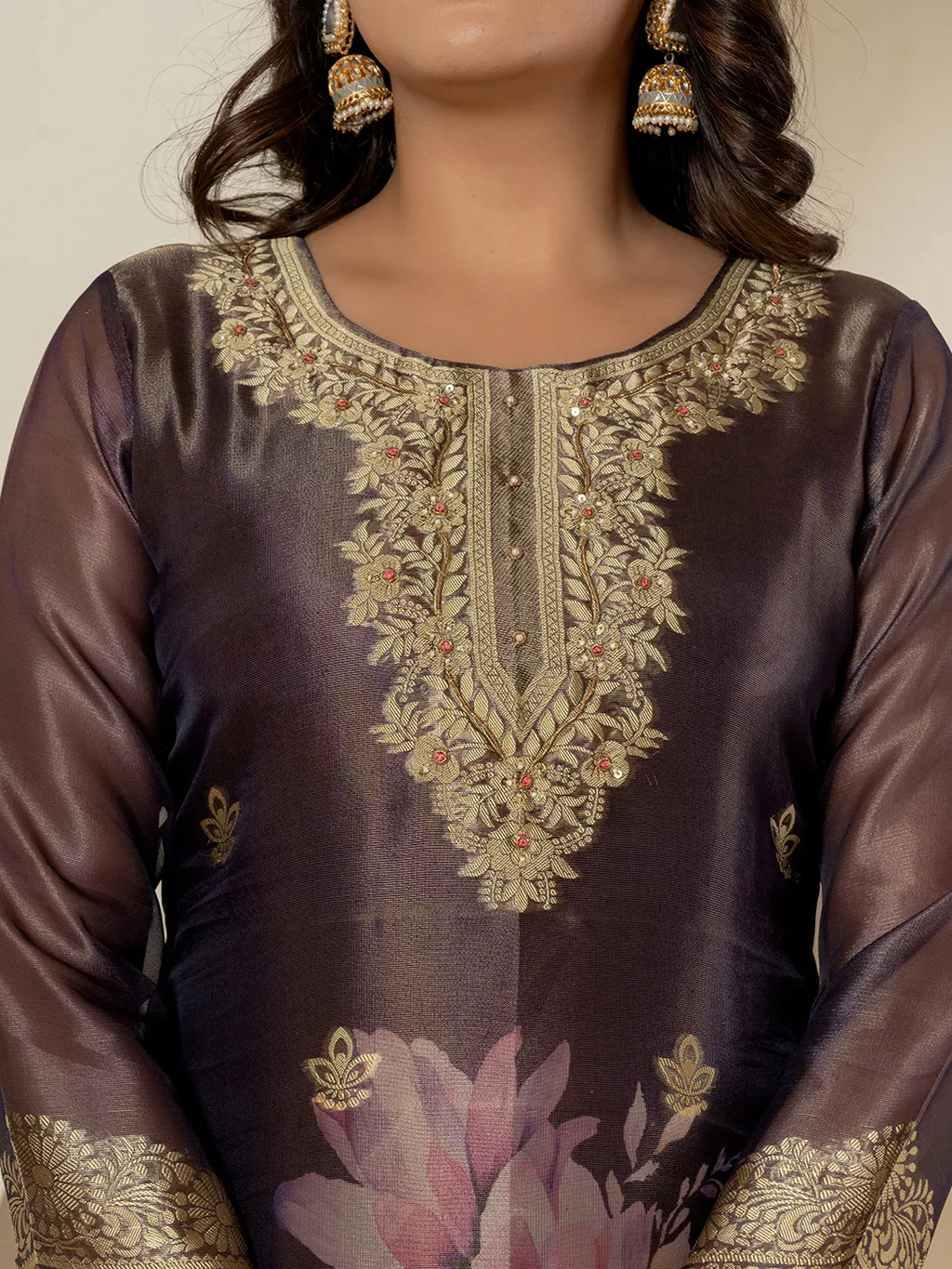 Yufta Purple Tissue Kurta Dupatta Pant Set | Grocsy