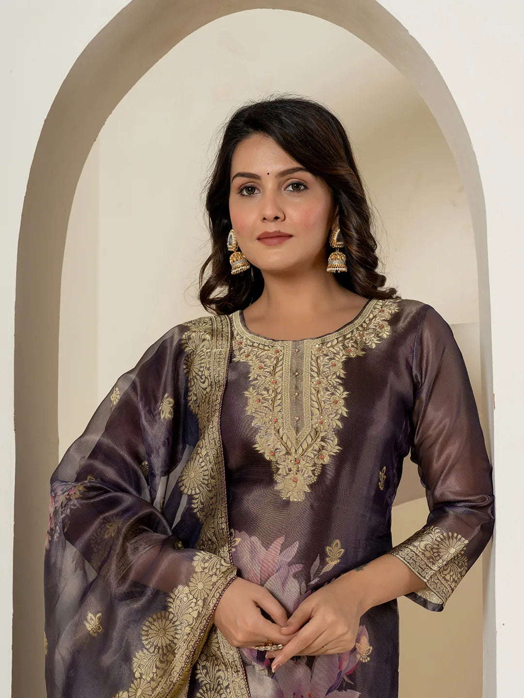 Yufta Purple Tissue Kurta Dupatta Pant Set | Grocsy