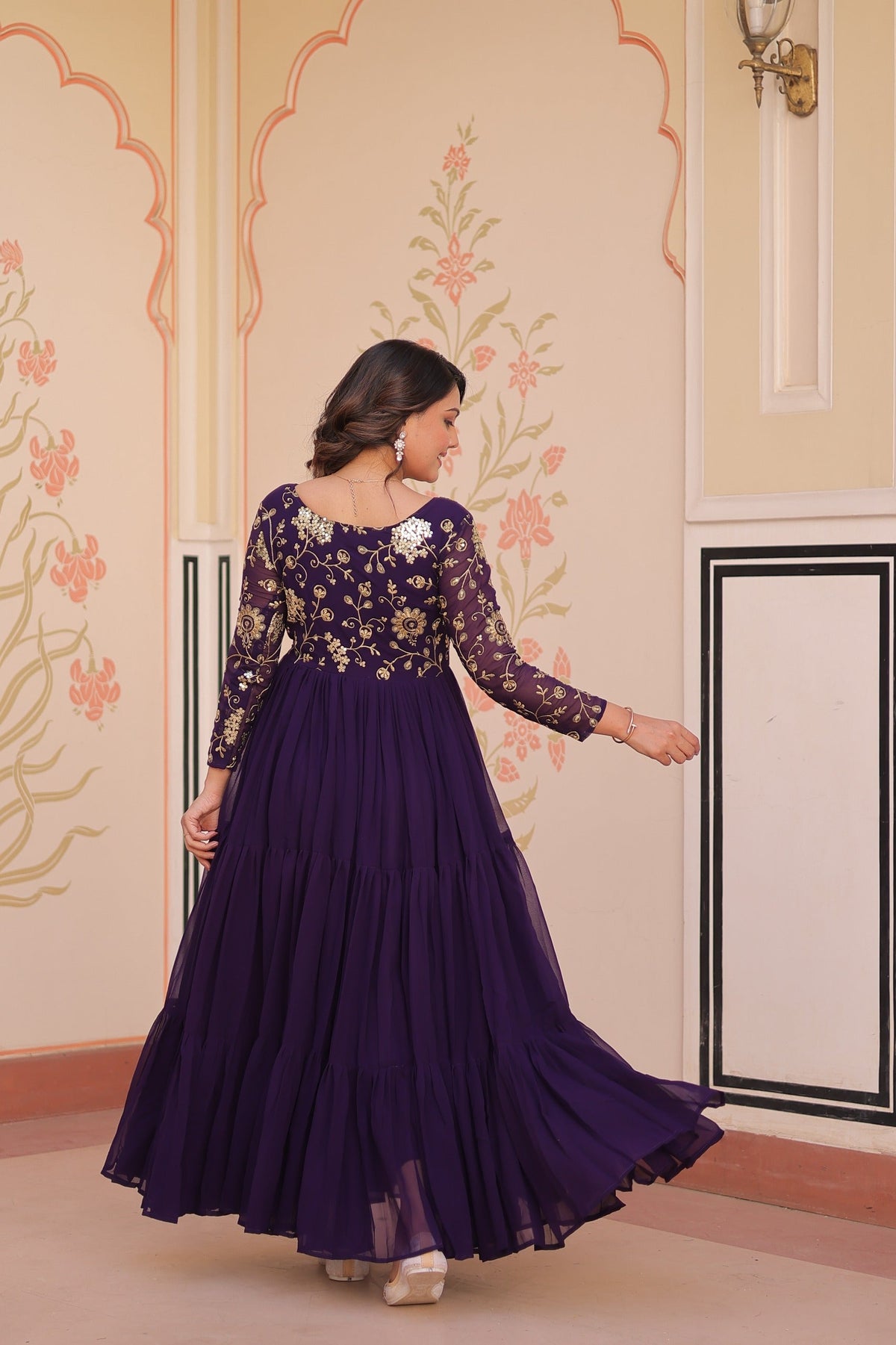 Evanik Purple Faux Blooming With Sequins & Zari Embroidered work Gown | Grocsy