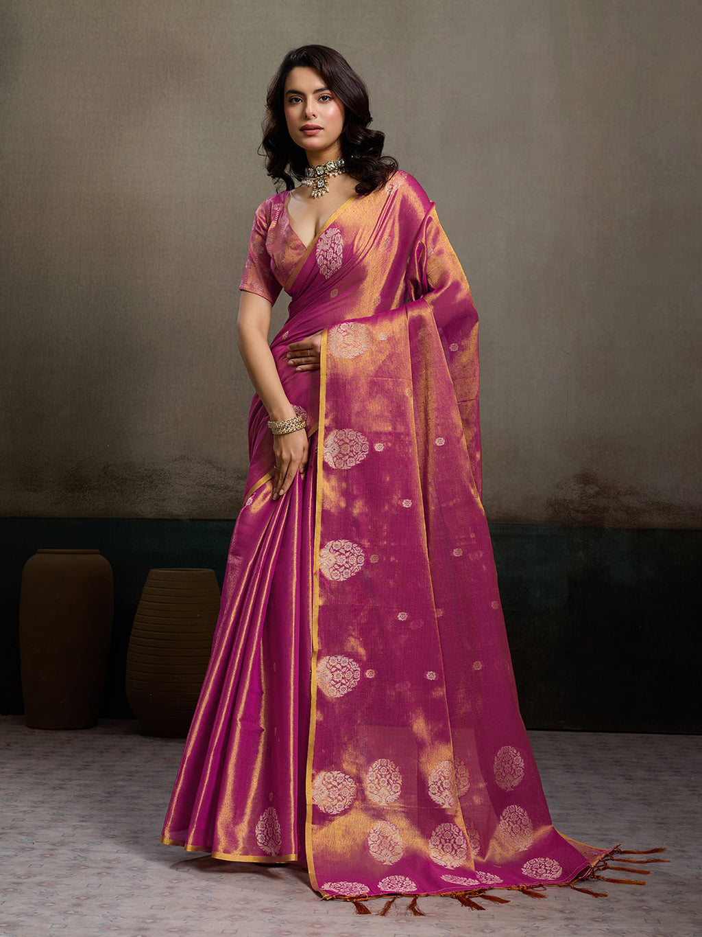 Anaita Purple Tissue Silk Woven Saree With Blouse | Grocsy