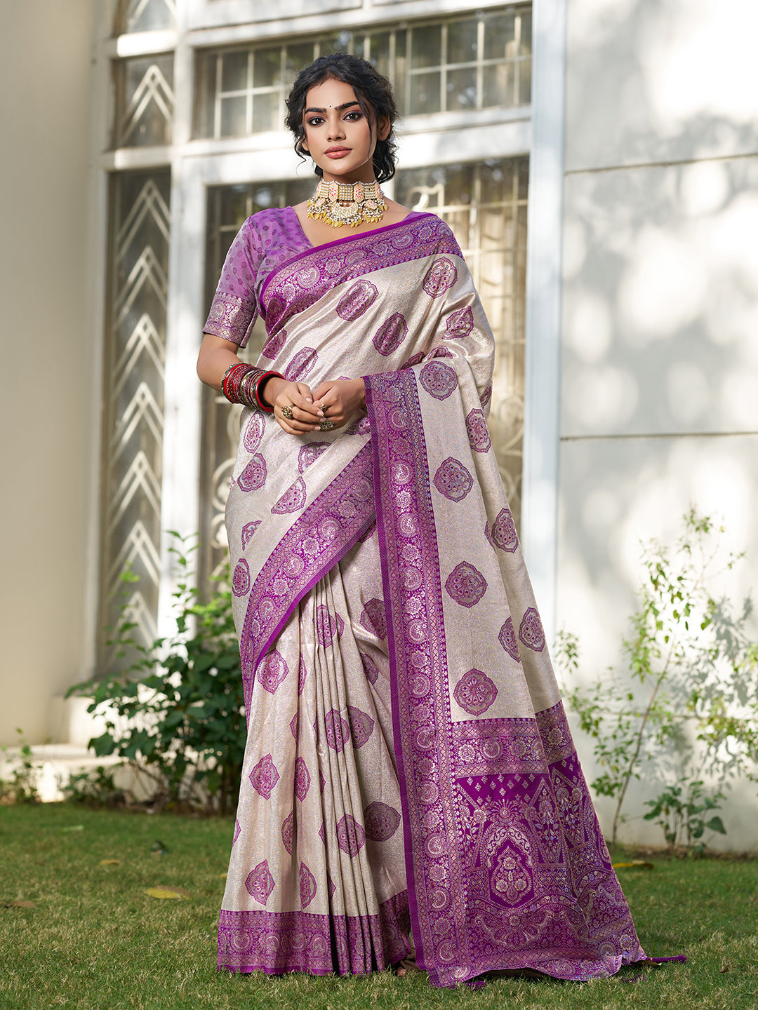 Anaita Purple Silk Blend Woven Saree With Blouse | Grocsy