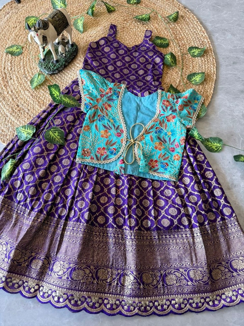 Evanik Festive Wear Purple Dola Silk zari and thread weaving Gown With Position Print Koti | Grocsy