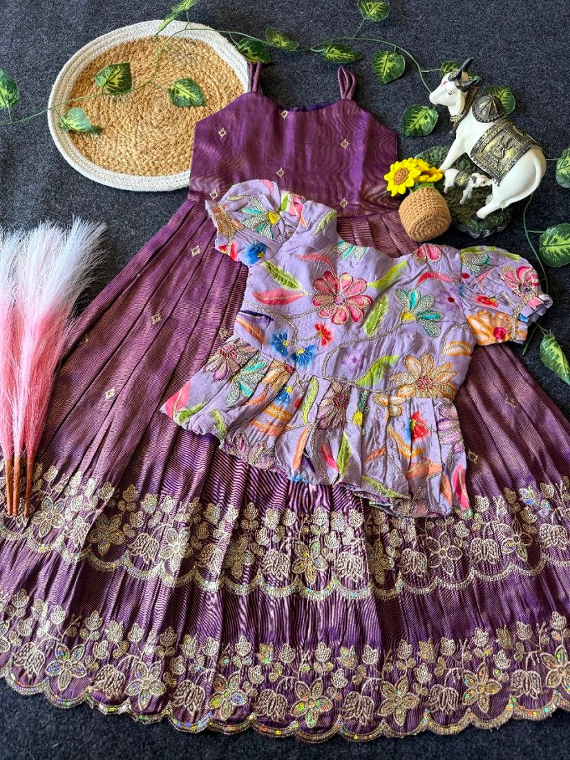 Evanik Designer Purple Tissue Silk Embroidered Work Gown With koti for Kids | Grocsy