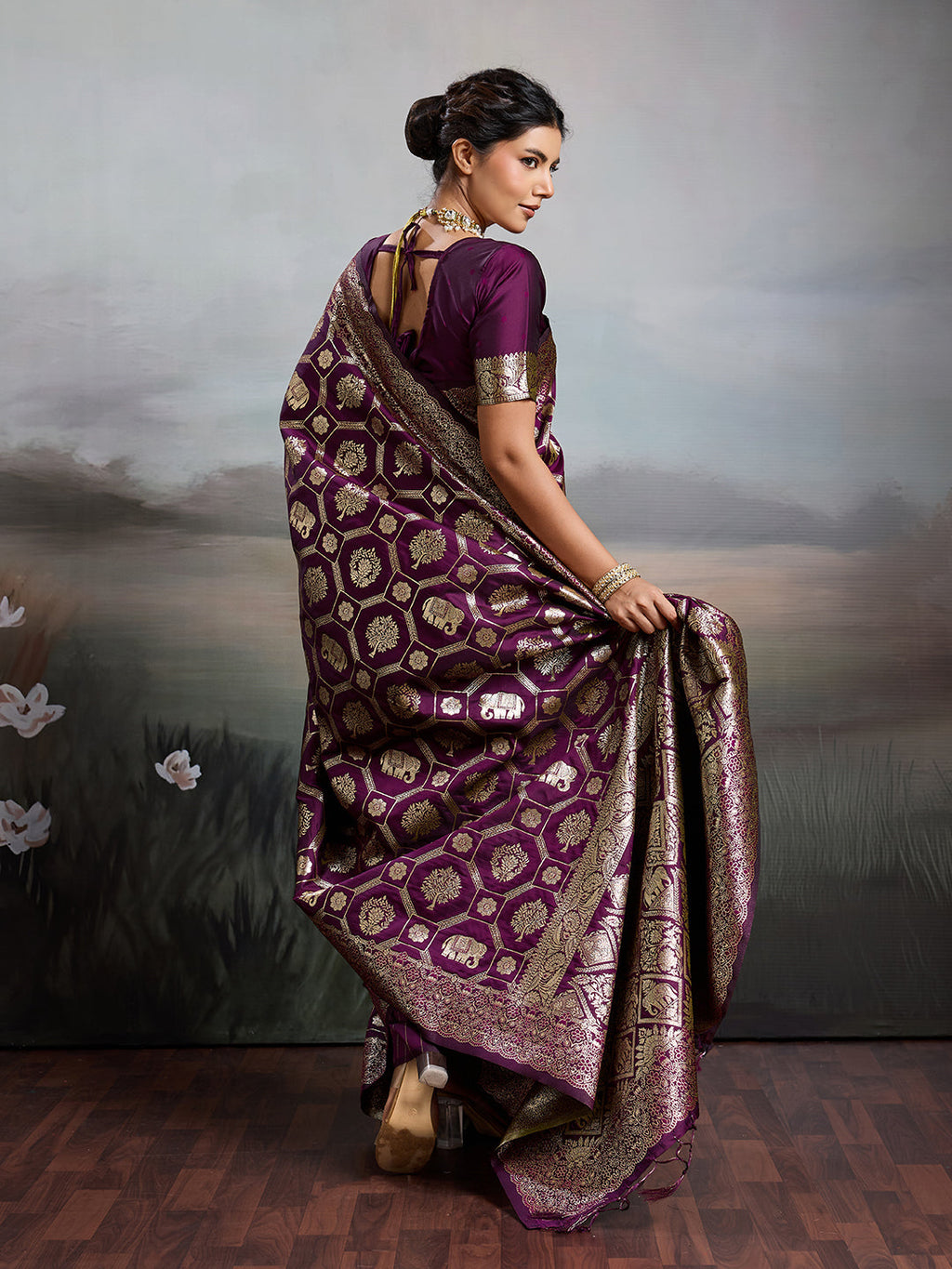 Anaita Purple Silk Blend Woven Saree With Blouse | Grocsy