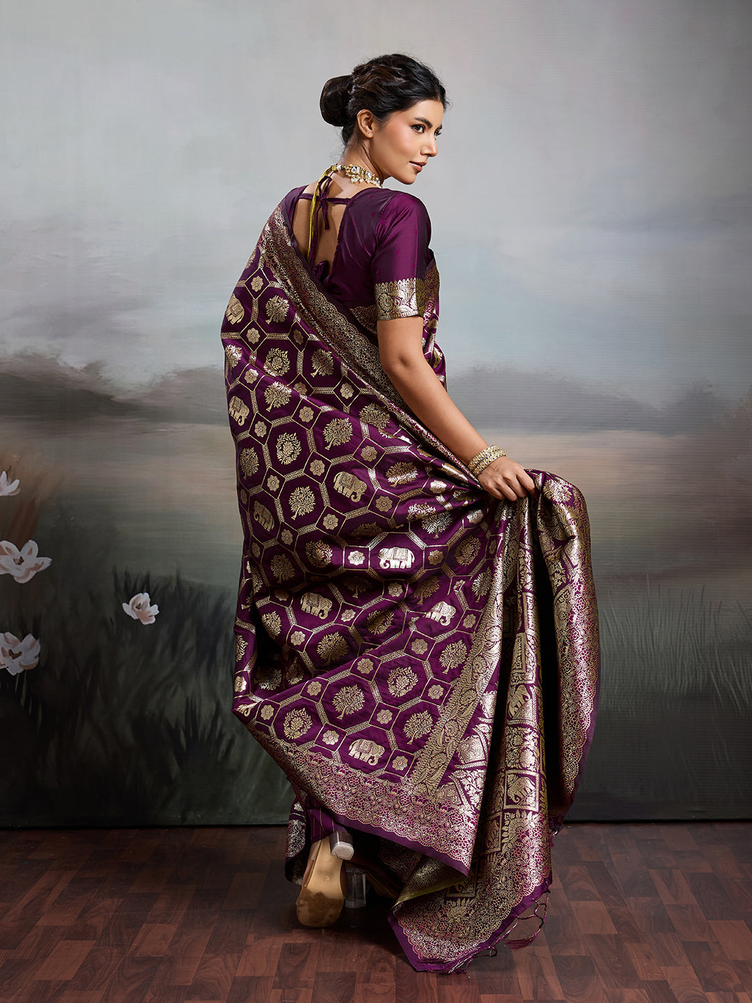 Anaita Purple Silk Blend Woven Saree With Blouse | Grocsy