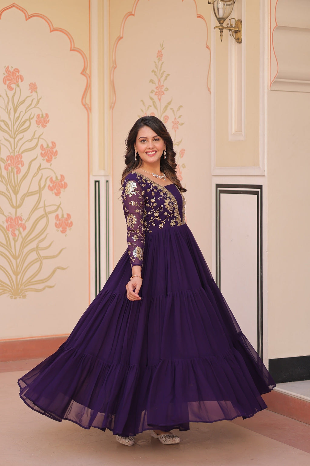 Evanik Purple Faux Blooming With Sequins & Zari Embroidered work Gown | Grocsy