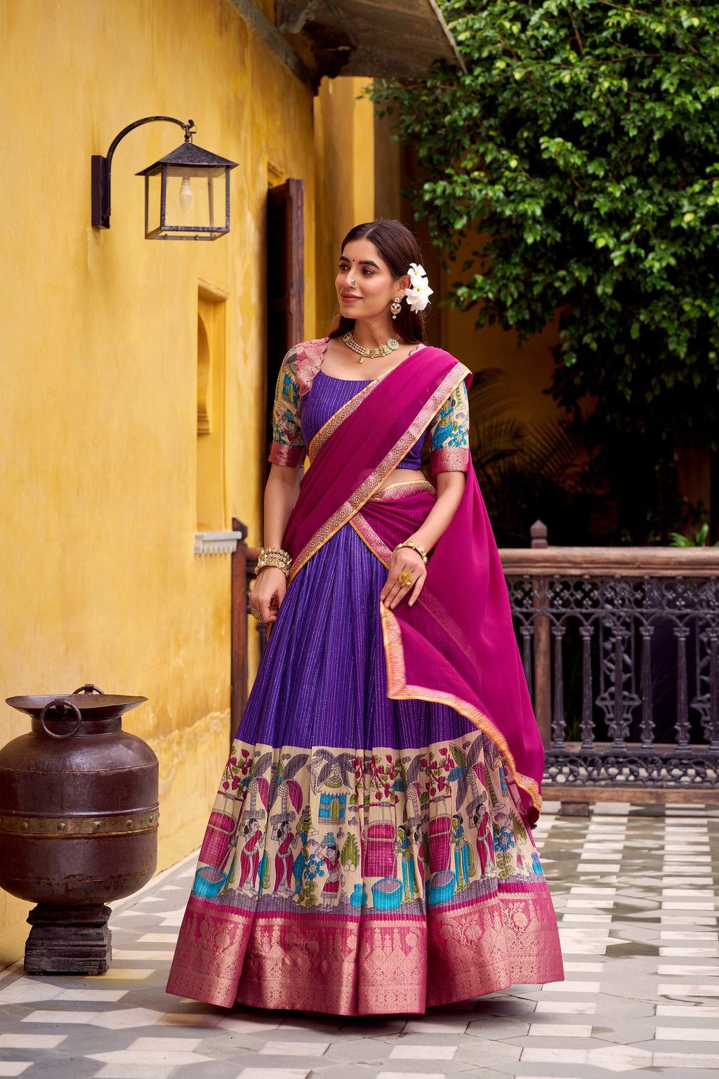 Evanik Purple South Style Kalamkari Print Design Zari Work Unstitched Lehenga Choli | Grocsy