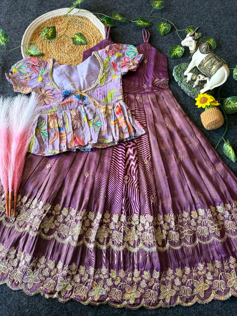Evanik Designer Purple Tissue Silk Embroidered Work Gown With koti for Kids | Grocsy