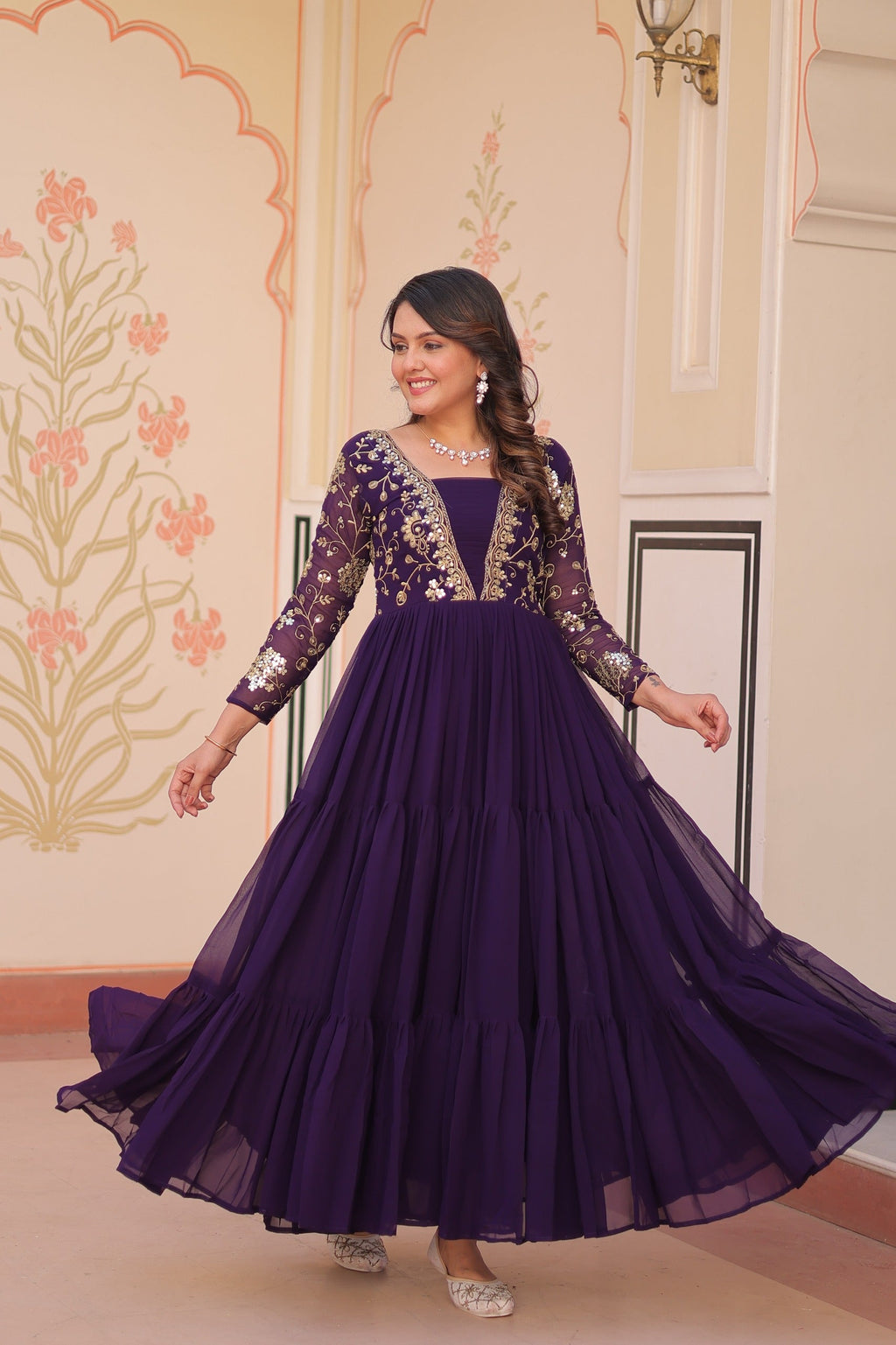 Evanik Purple Faux Blooming With Sequins & Zari Embroidered work Gown | Grocsy