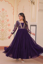 Evanik Purple Faux Blooming With Sequins & Zari Embroidered work Gown | Grocsy