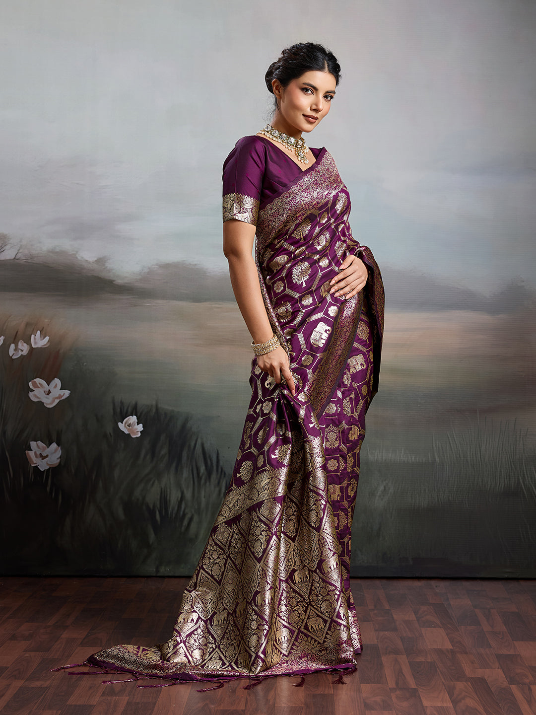 Anaita Purple Silk Blend Woven Saree With Blouse | Grocsy