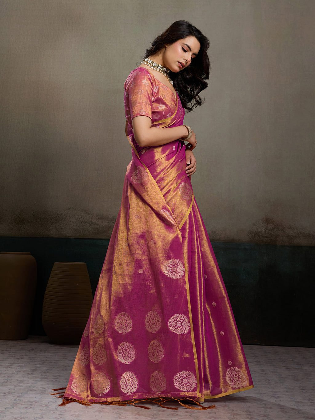 Anaita Purple Tissue Silk Woven Saree With Blouse | Grocsy