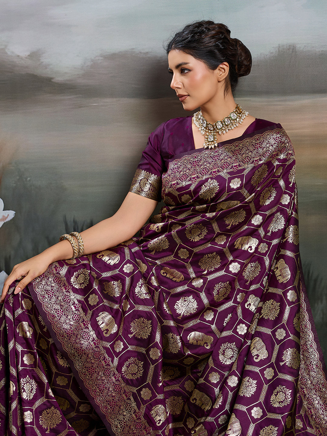 Anaita Purple Silk Blend Woven Saree With Blouse | Grocsy