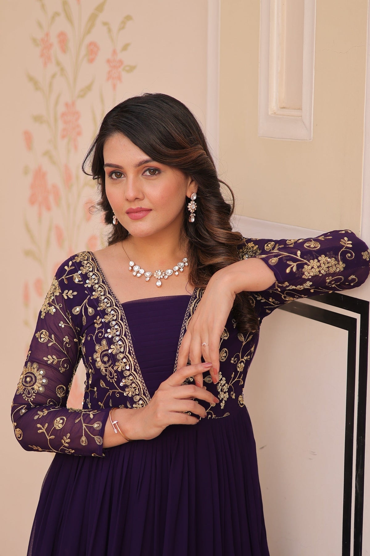 Evanik Purple Faux Blooming With Sequins & Zari Embroidered work Gown | Grocsy