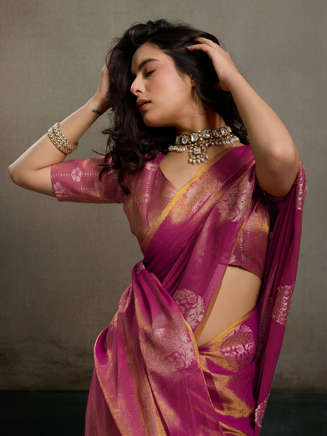 Anaita Purple Tissue Silk Woven Saree With Blouse | Grocsy