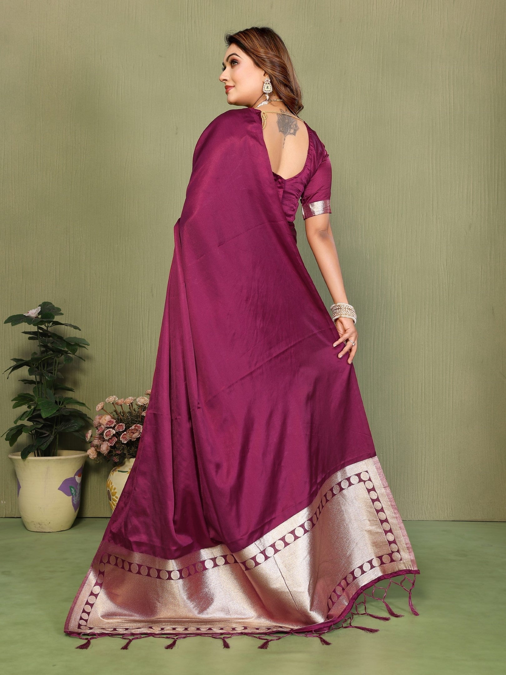 Anaita Purple Zari Weaving Work Satin Silk Saree With Blouse | Grocsy