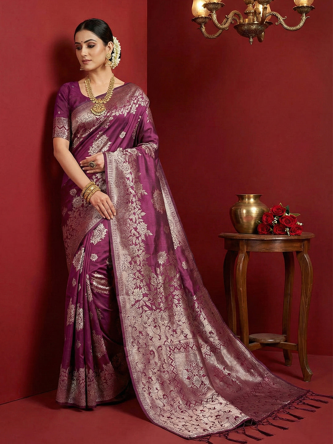 Anaita Purple Silk Blend Woven Saree With Blouse | Grocsy