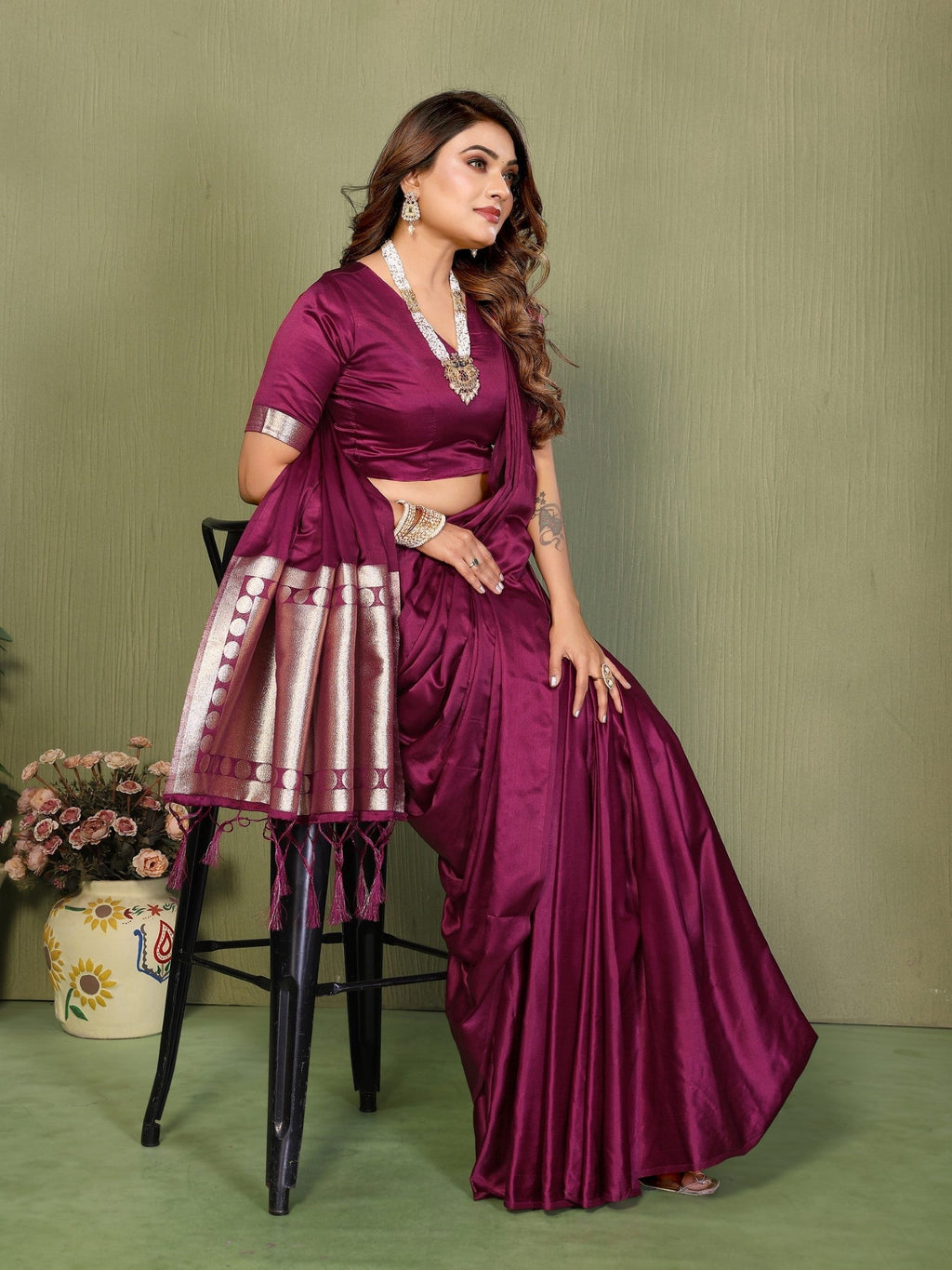 Anaita Purple Zari Weaving Work Satin Silk Saree With Blouse | Grocsy
