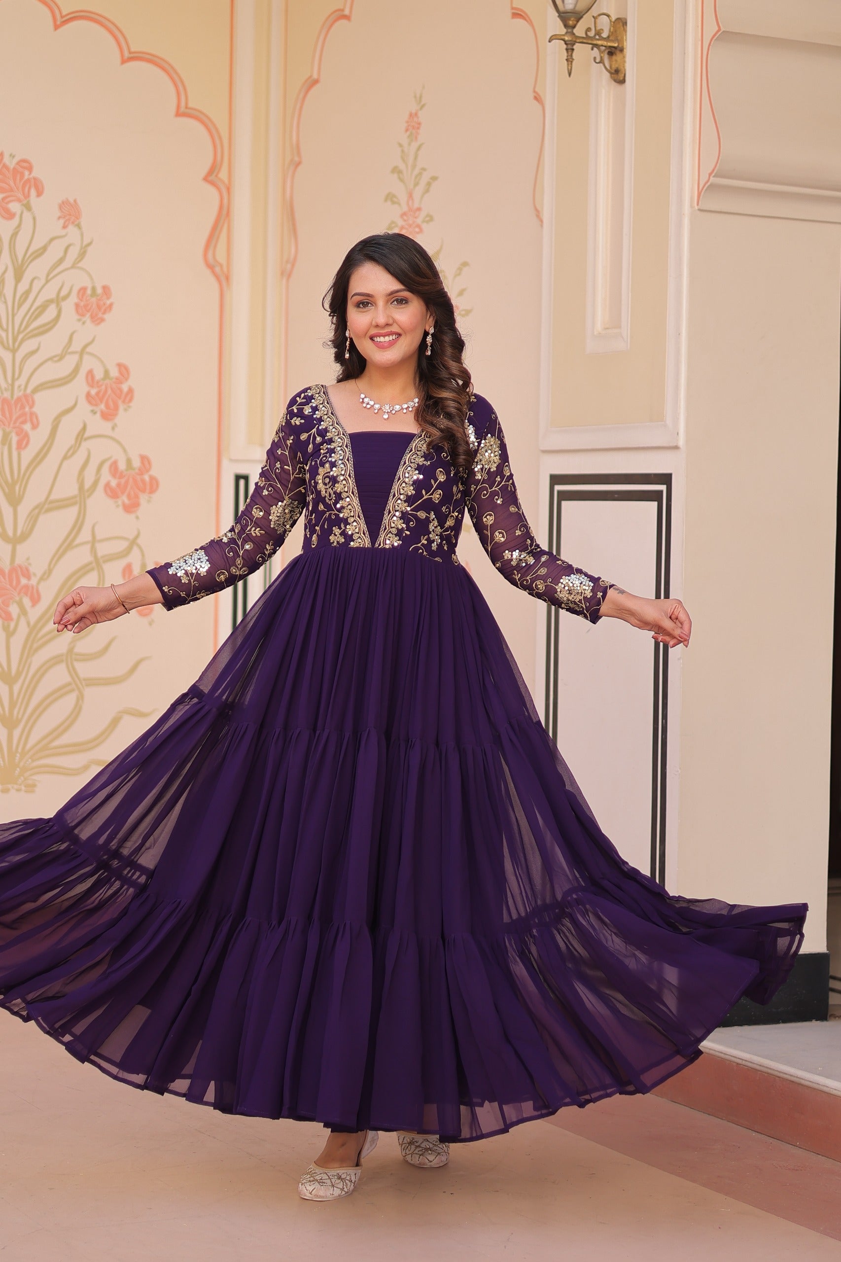 Evanik Purple Faux Blooming With Sequins & Zari Embroidered work Gown | Grocsy