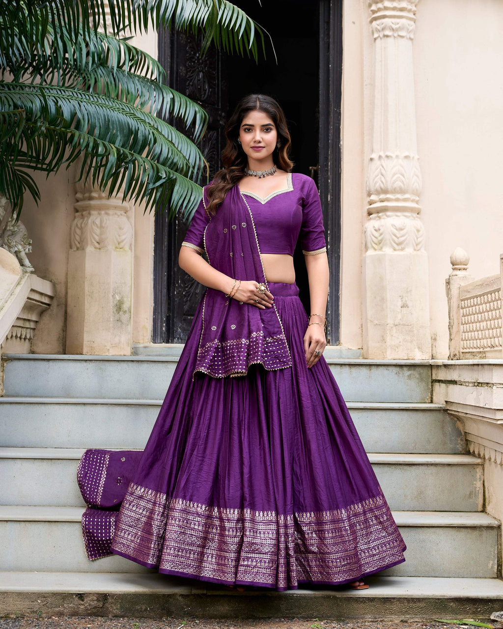 Evanik Women Pure Chanderi Plain With Zari Weaving Work Border Stitched Lehenga With Unstitched Blouse Dupatta(Up to 42) | Grocsy