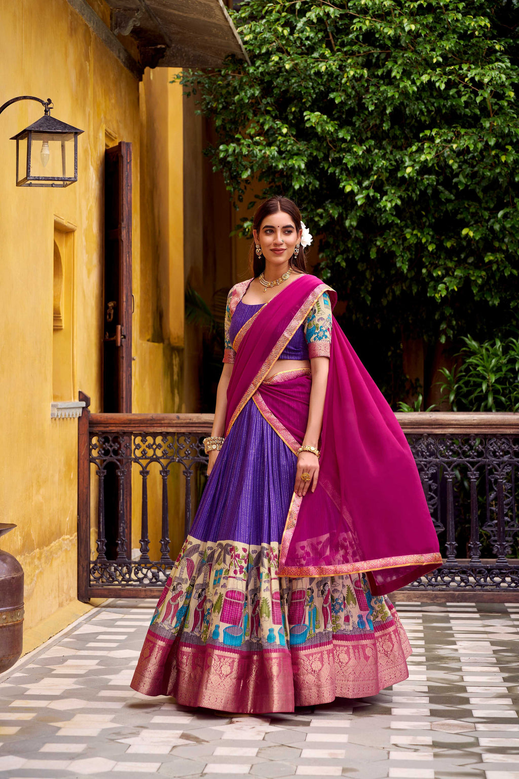 Evanik Purple South Style Kalamkari Print Design Zari Work Unstitched Lehenga Choli | Grocsy