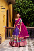 Evanik Purple South Style Kalamkari Print Design Zari Work Unstitched Lehenga Choli | Grocsy