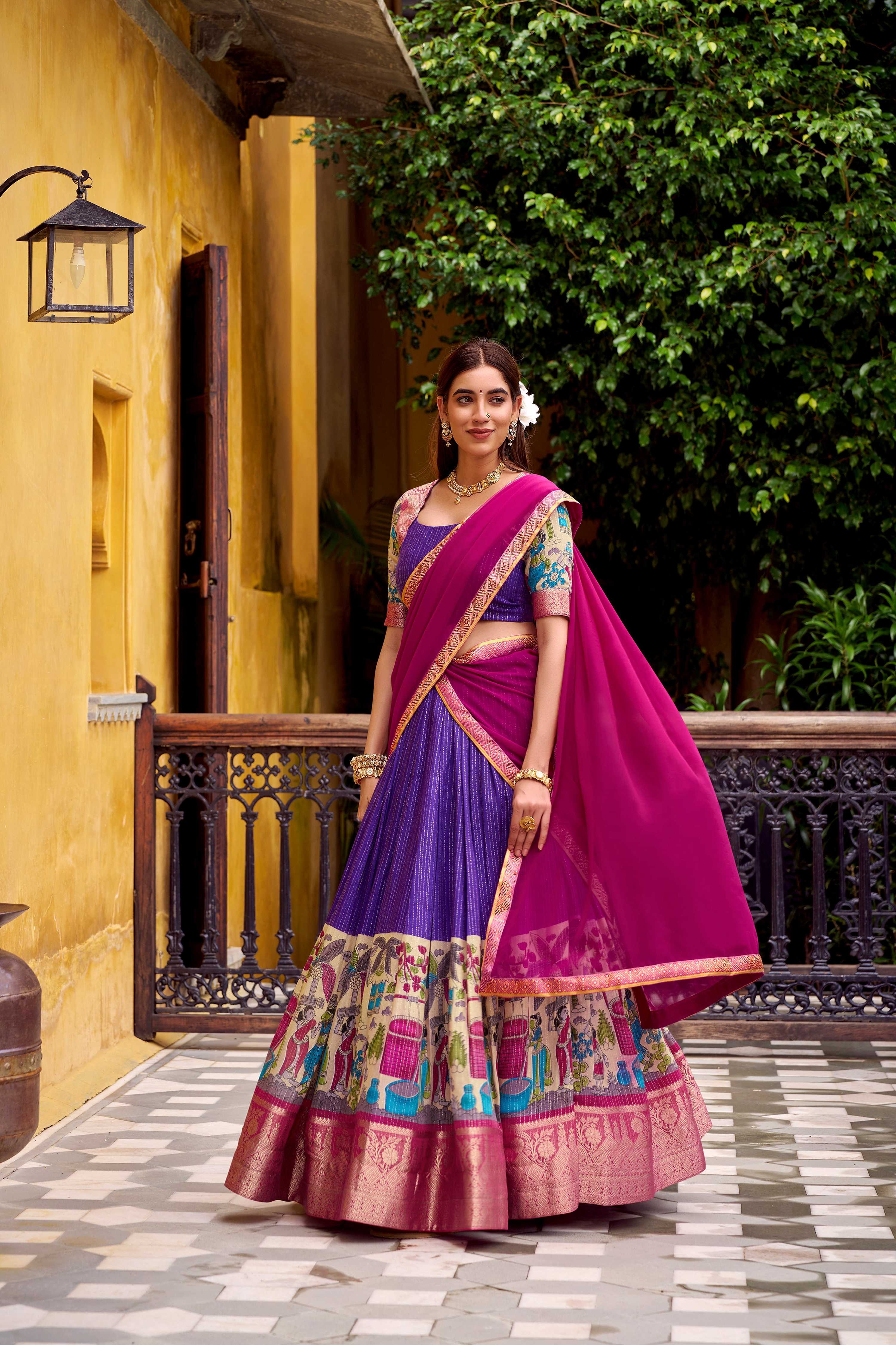 Evanik Purple South Style Kalamkari Print Design Zari Work Unstitched Lehenga Choli | Grocsy