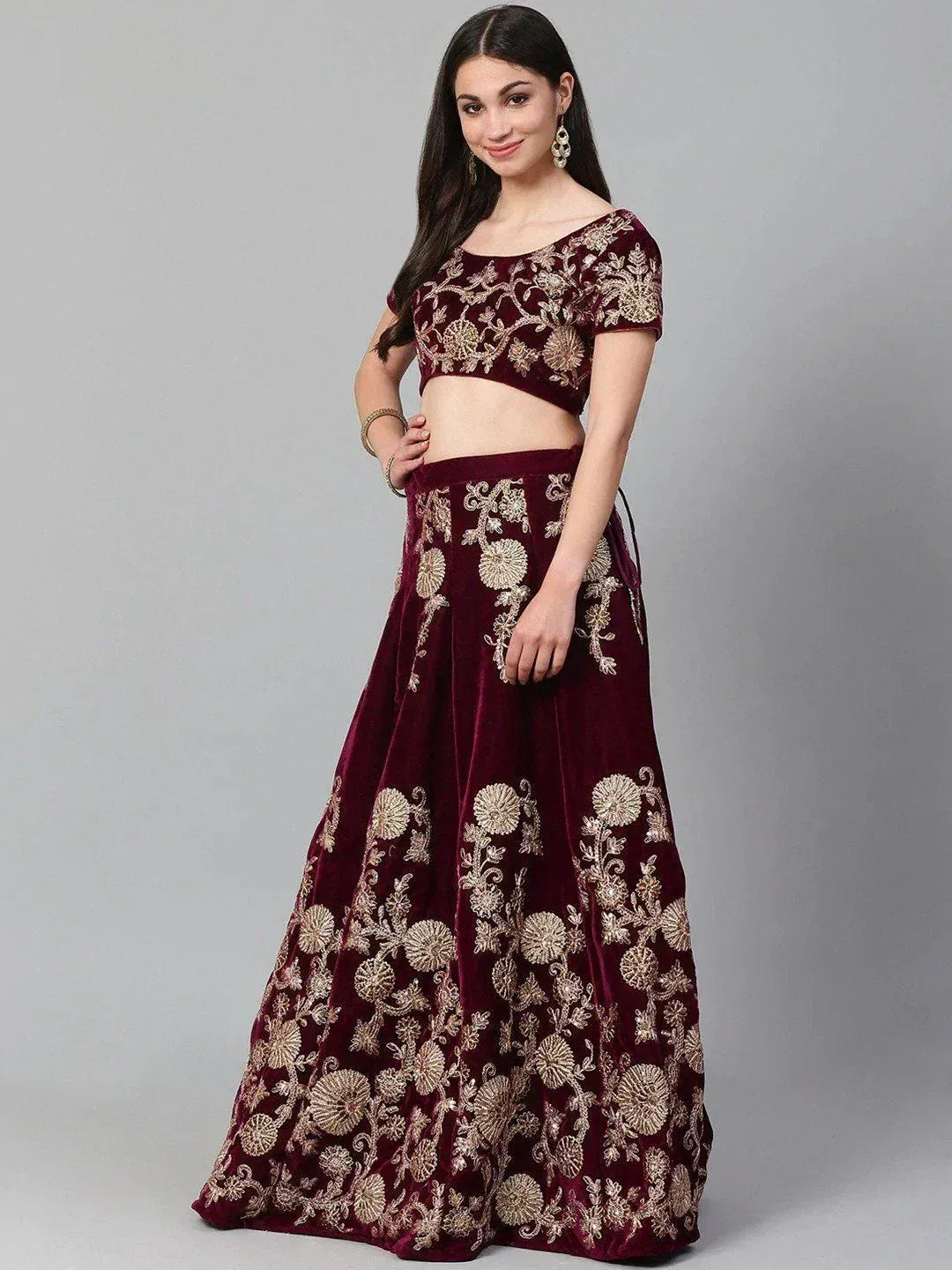 Tulsi Art Purple & Golden Semi-Stitched Myntra Party Wear Lehenga & Unstitched Blouse With Dupatta | Grocsy