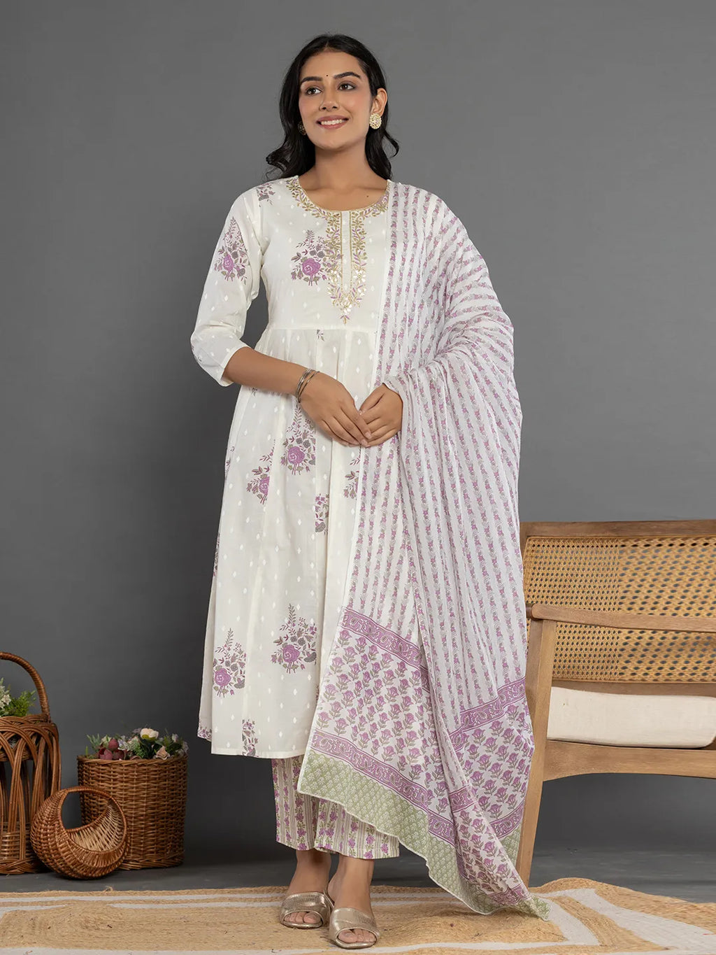 Yufta Purple Gota_Patti Cotton Anarkali Kurta Dupatta Pant Set | Grocsy