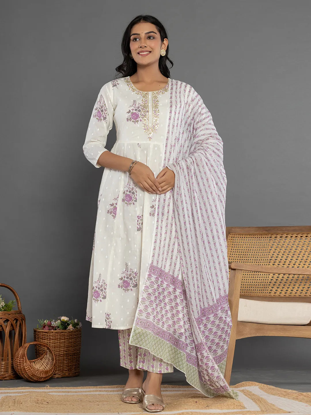 Yufta Purple Gota_Patti Cotton Anarkali Kurta Dupatta Pant Set | Grocsy