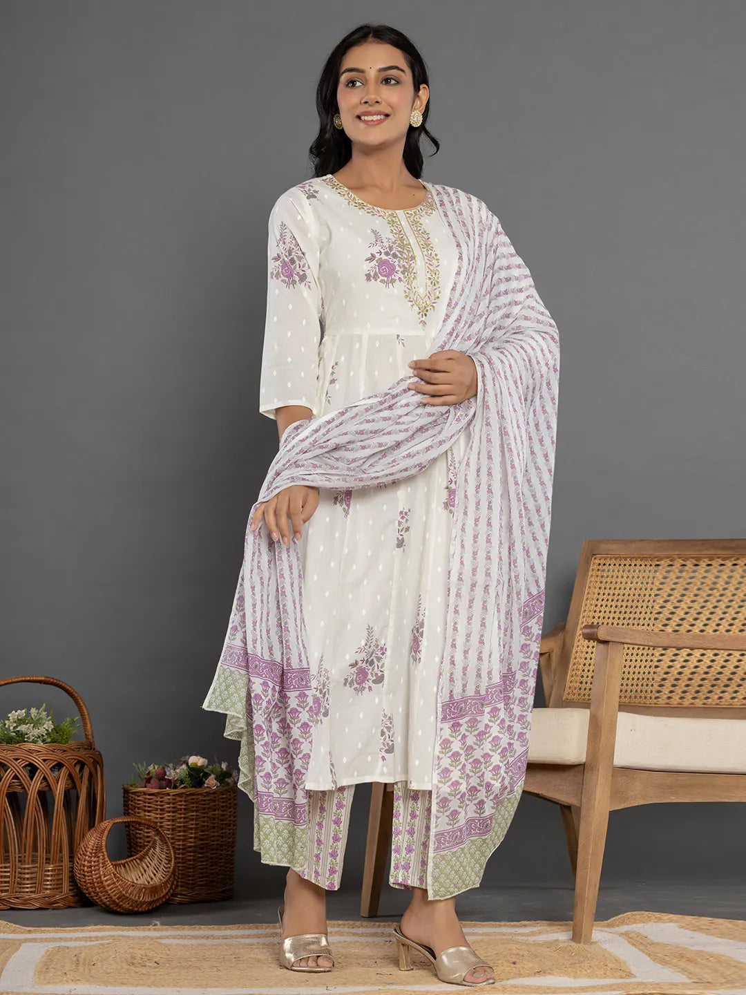 Yufta Purple Gota_Patti Cotton Anarkali Kurta Dupatta Pant Set | Grocsy