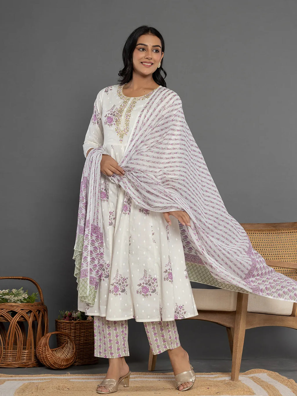 Yufta Purple Gota_Patti Cotton Anarkali Kurta Dupatta Pant Set | Grocsy