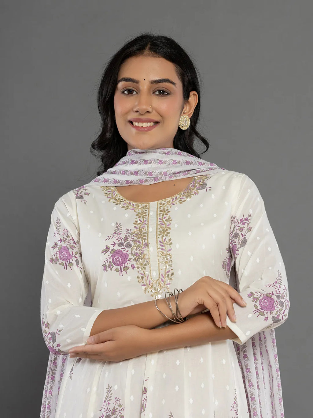 Yufta Purple Gota_Patti Cotton Anarkali Kurta Dupatta Pant Set | Grocsy