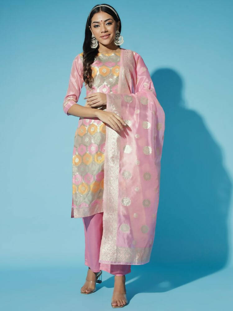Myshka Women Pink Printed Kurta & Trousers With Dupatta | Grocsy