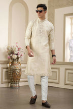 Raivat Ethnic Banarasi Art Silk Thread and Mirror Work Kurta Pajama In Beige Colour | Grocsy