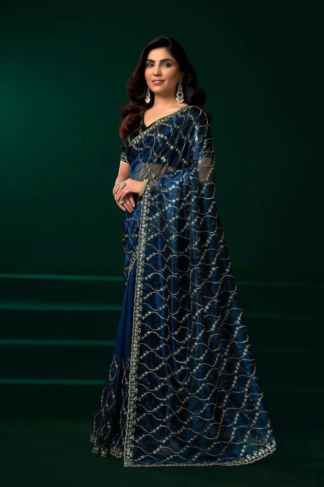 Joban Fashion Navy Blue Net Party Wear Sarees | Grocsy