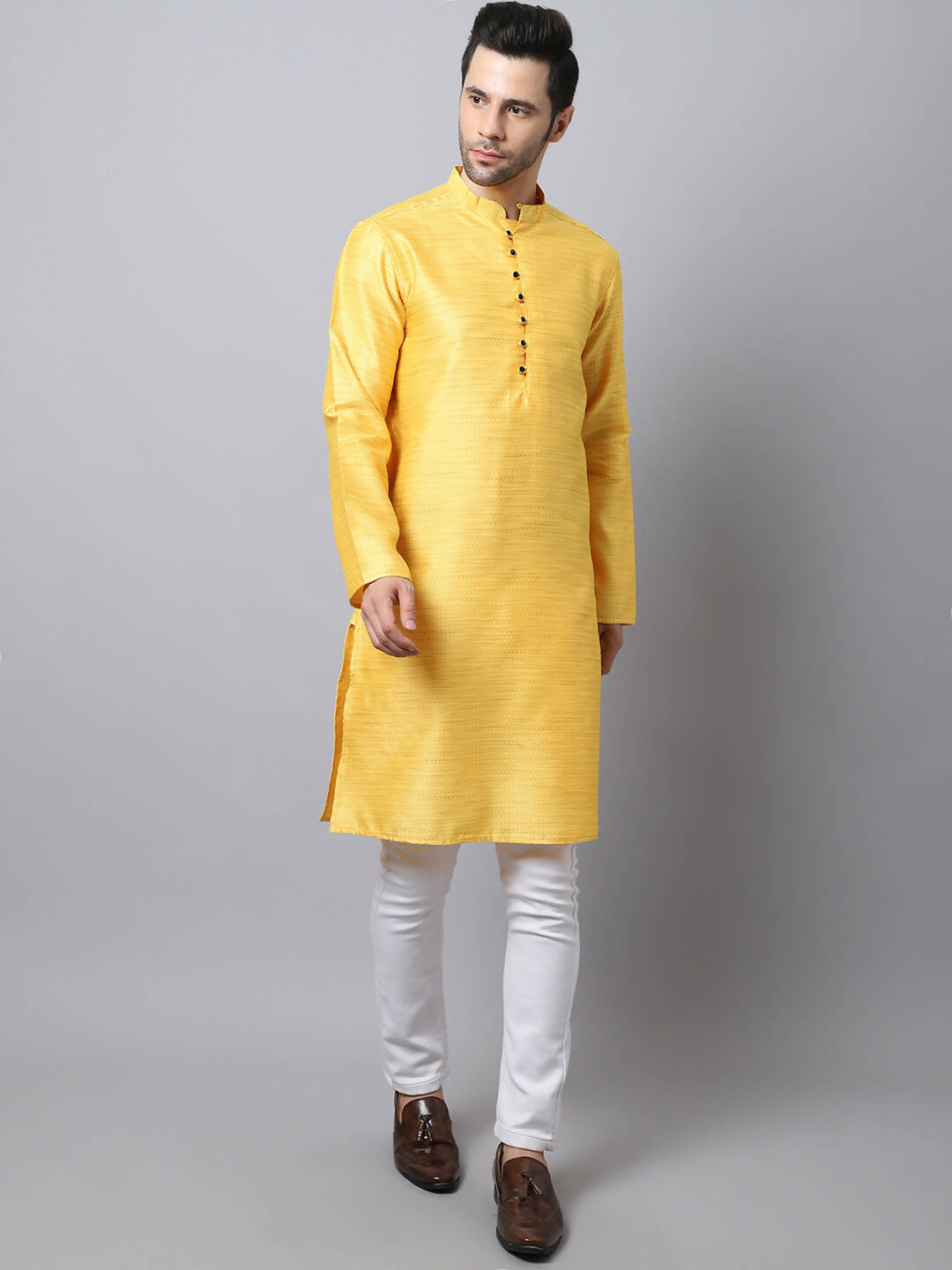 Even Apparels Yellow Pure Cotton Men's Kurta With Band Collar (SLK1187) | Grocsy