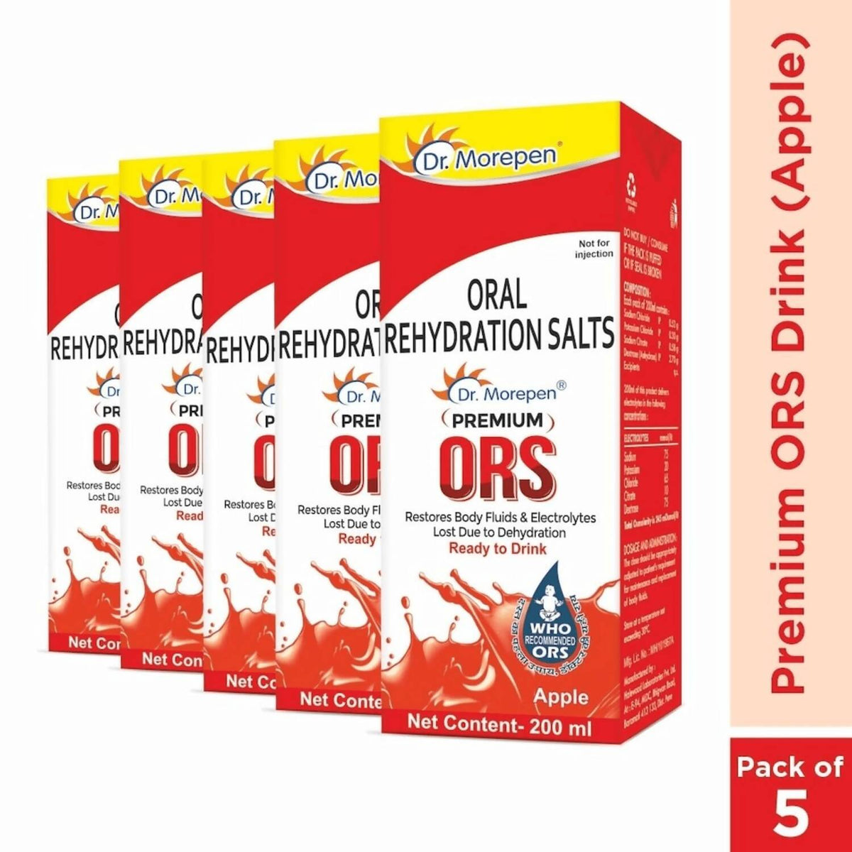Dr. Morepen Premium ORS Drink With Electrolytes for Instant Hydration Apple Flavour | Grocsy