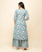 FIORRA Women's Sky Blue Cotton Straight Kurta Palazzo Set With Dupatta | Grocsy