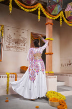 White Viscose Rayon Thread Embroidered with all over mirror work Navratri Lehenga Choli with Dupatta - Raas | Grocsy
