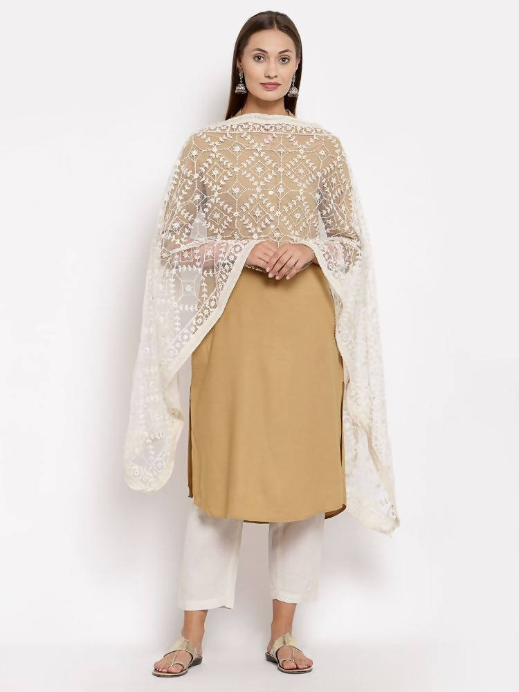 Myshka Women's White Net Solid Casual Dupatta | Grocsy
