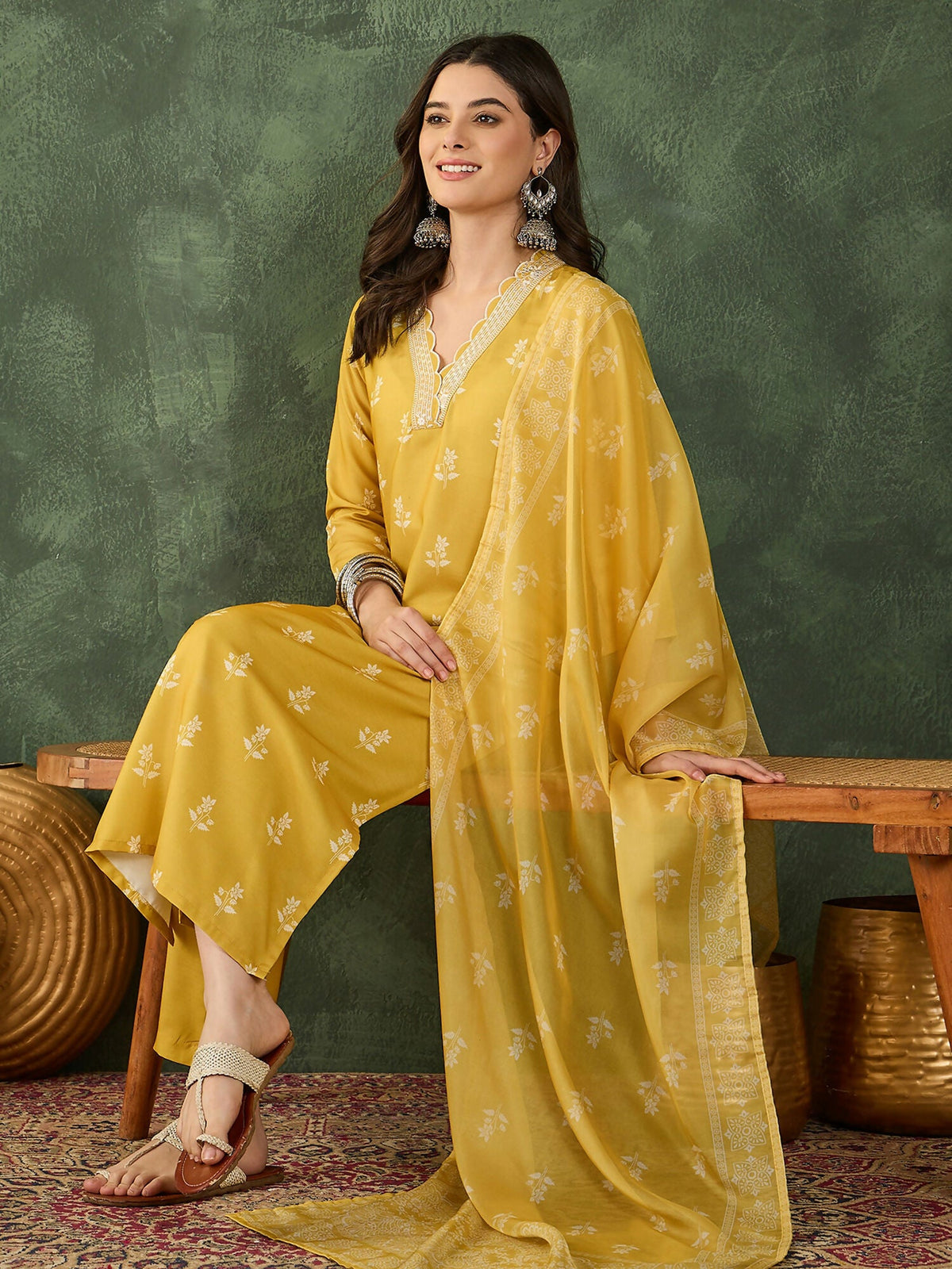The52 Women's Gorgeous Rayon Fabric Printed Work Straight Kurta Pant and Dupatta Set-Yellow | Grocsy