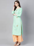 Yufta Women Sea Green & Peach Embroidered Kurta with Palazzo | Grocsy