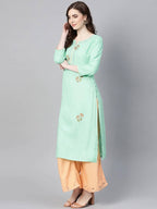 Yufta Women Sea Green & Peach Embroidered Kurta with Palazzo | Grocsy